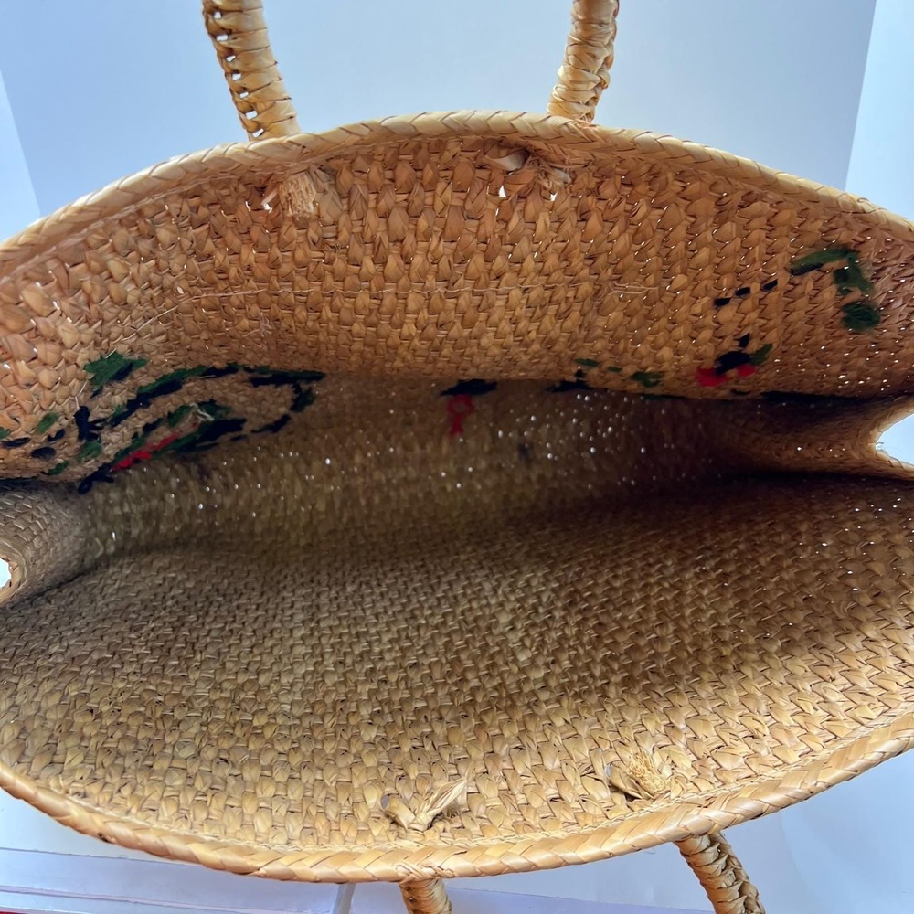 Vintage Woven Straw Tote Bag Floral 3D Raffia Embroidery Boho Beach Large Tan - Picture 13 of 16